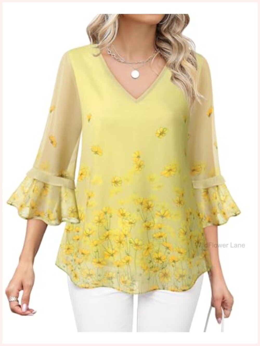 Ruffle 3/4 Sleeve V Neck Floral Chiffon Blouse Tunic Top